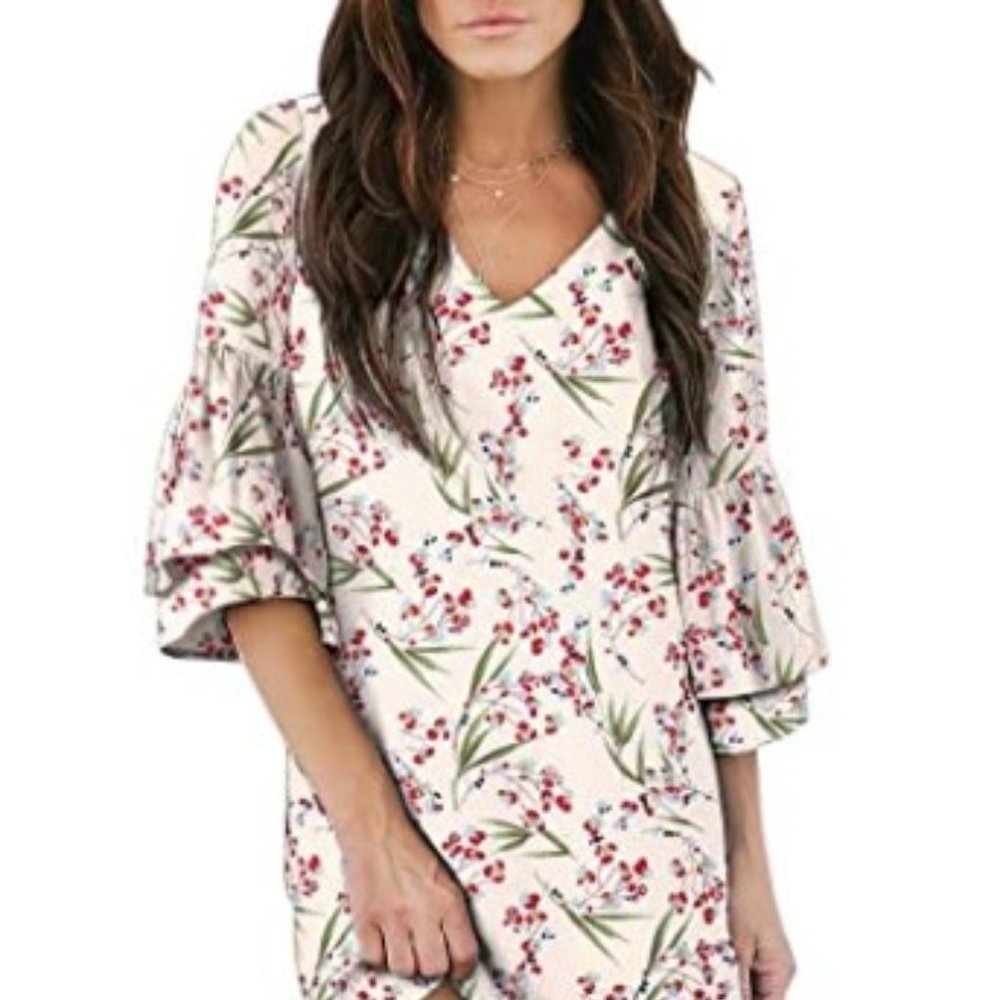 Women's Apricot V Neck Bell Sleeve Mini Dress